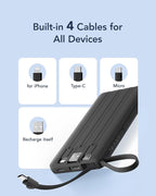 VRURC Portable Charger with Built in Cables, Slim Power Bank 10000mAh, USB C Battery Pack Travel Essential, 5 Outputs 2 Inputs Phone Charging Bank for iPhone 16 15 14 13,Samsung,Android-Black(1 Pack)