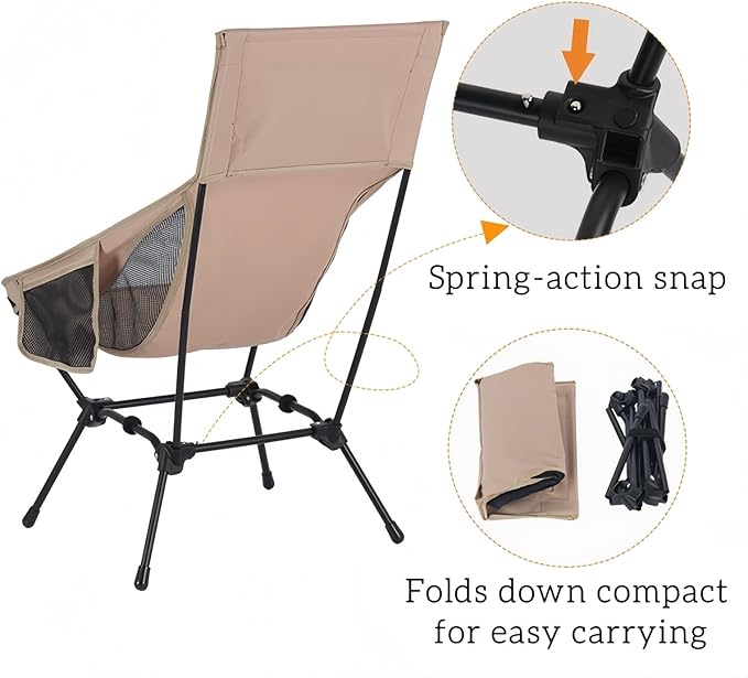 High Back Reclining Camping Chair - Oversized Folding Chair with Head Support, Widened Seat for Outdoor, Beach, Camp, Festivals (Khaki)