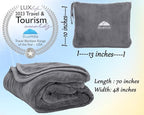 BlueHills Soft Long Travel Blankets 70X48 inches Large Plush Value Pack of 2 - Premium Airplane Travel Essential Flight Throw in a Bag Compact for Plane Travel Gift – Gray and Beige