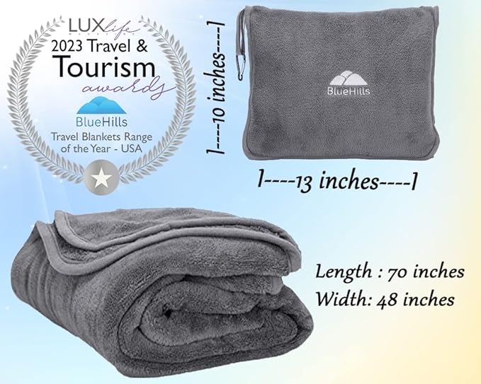 BlueHills Soft Long Travel Blankets 70X48 inches Large Plush Value Pack of 2 - Premium Airplane Travel Essential Flight Throw in a Bag Compact for Plane Travel Gift – Gray and Beige
