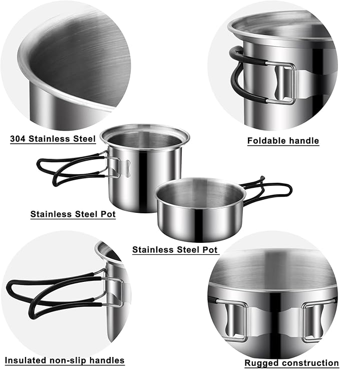 Camping Cookware Mess Kit, Stainless Steel Camping Cooking Set, Backpacking Cooking Set Backpacking Gear with Mini Stove for Camping,Backpacking,Picnic, Hiking