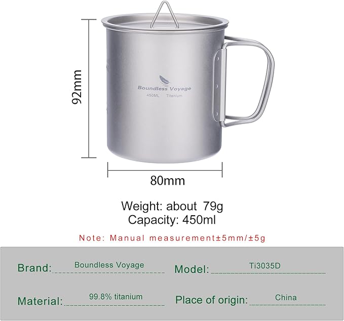 iBasingo 450ml Titanium Mug with Lid Tea Coffee Water Cup Outdoor Camping Pot Ultra-light Portable Hiking Backpacking Cooking Kit Picnic Tableware Drinkware with Foldable Handle Ti3035D
