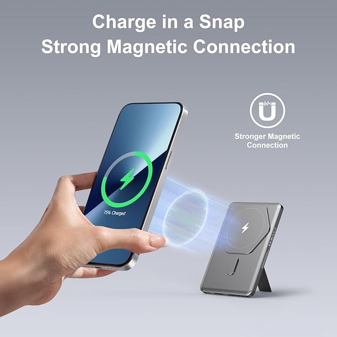 SIXTHGU Magnetic Slim Portable Charger with Stand, PowerMag Q1, [Alloy-Made] Wireless Power Bank (5K-Purple with Stand)