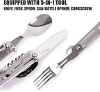 Portable 5-in-1 Camping Utensils - Detachable Travel Utensils Flatware Set - Compact Camping Multitool With Spoon, Fork, Knife, Bottle Opener - Great for Outdoor Adventures (Stainless Steel)