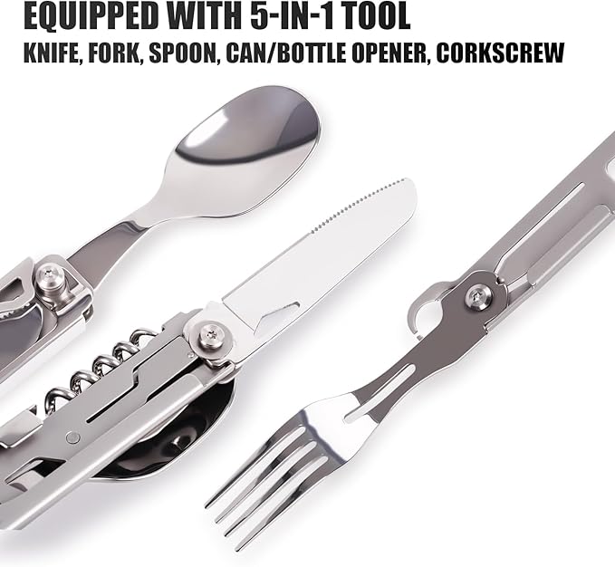 Portable 5-in-1 Camping Utensils - Detachable Travel Utensils Flatware Set - Compact Camping Multitool With Spoon, Fork, Knife, Bottle Opener - Great for Outdoor Adventures (Stainless Steel)