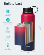 BUZIO 40oz Insulated Water Bottle, Triple Wall Vacuum Stainless Steel Water Flask with 2 lids, Leakproof BPA-Free Straw Lid Sports Canteen Jug, Cold 48H & Hot 24H- Ruby Red Navy