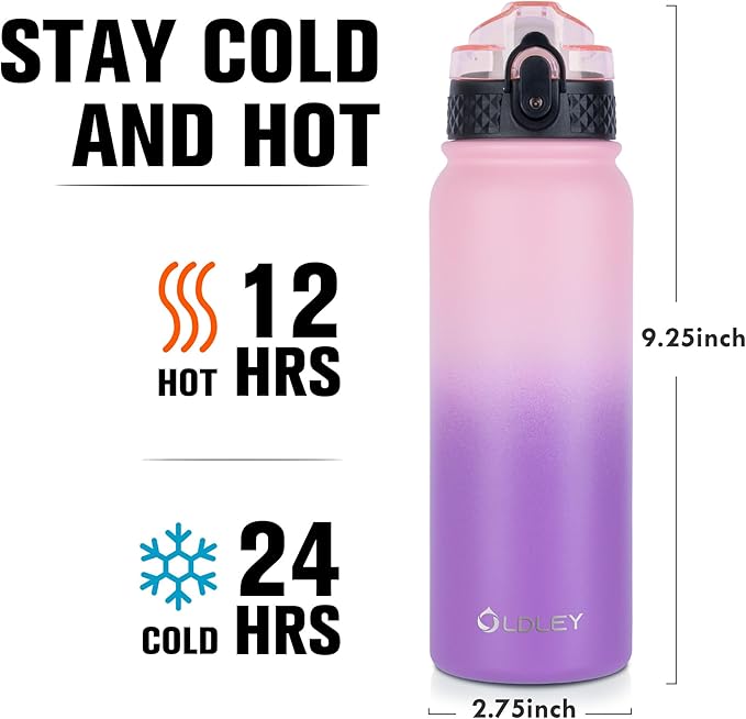 OLDLEY Insulated Water Bottle 20oz Water Bottles with Straw, Stainless Steel Water Bottle with 3 Lids, Double Wall Vacuum Bottles for Adult Kids, Sports Bottles for School Travel, Ombre Pink-Purple
