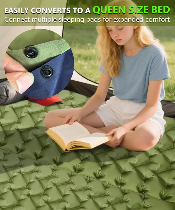 YOUXIU Camping Sleeping Pad, Extra Thickness 3'' Ultralight Inflatable Sleeping Mat with Built-in Foot Pump, Durable Compact Waterproof Camping Air Mattress for Tent,Backpacking,Hiking,Tent (Green)