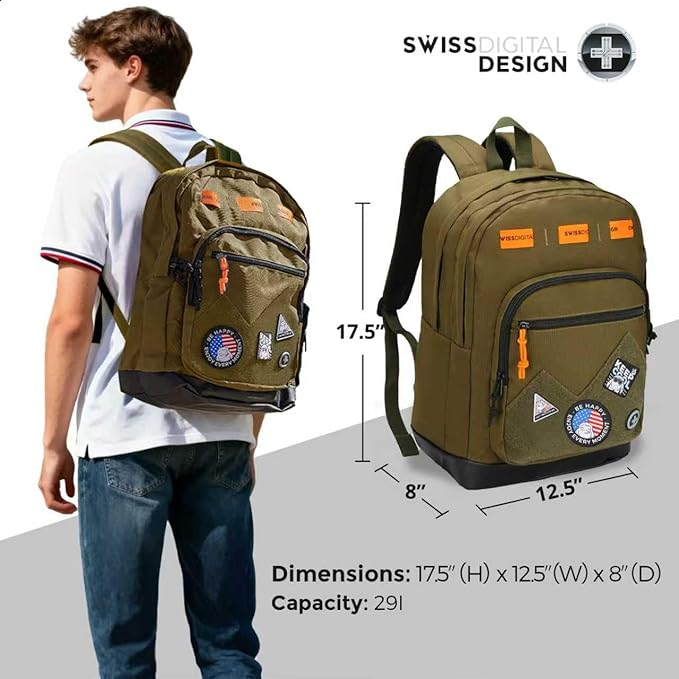 Swissdigital Design Big Student Laptop Backpack with Fun Personalized Patches For College Boy & Girl, Middle High School Teen Bookbag Cool Travel Daypack Olive - Includes 3 Patches | SD1718-26
