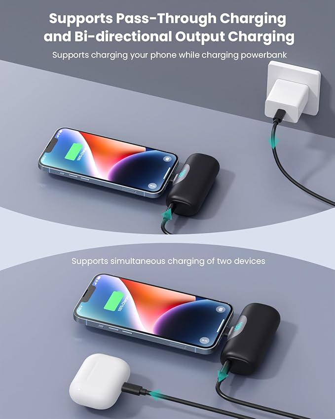 Mini Portable Charger for iPhone,Upgraded 22.5W PD Fast Charging 5500mAh Ultra-Compact Power Bank,LCD Display Plug-in Cute Battery Pack Travel Essentials for iPhone 14/14Pro/13/12/11/X/8/7/6 (Black)