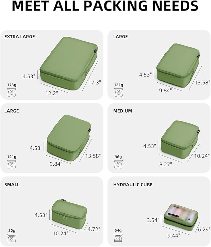 6 Set Compression Packing Cubes for Travel, Large Medium Small Luggage Organizers (Forest Green)