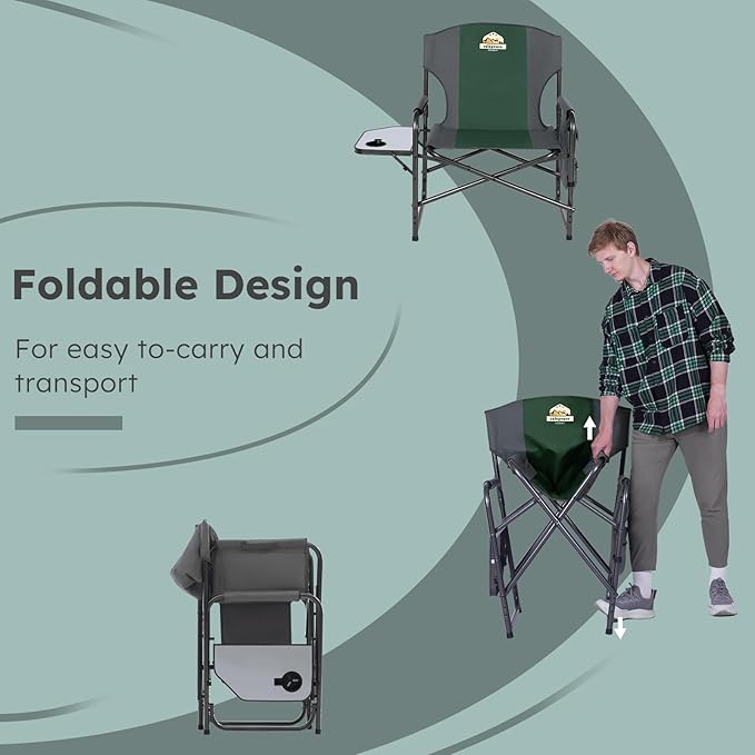 Colegence Oversized Directors Camping Chair Support 600 LBS, Heavy Duty Folding Outdoor Chairs with Detachable Side Pocket and Adjustable Side Table for Outside Beach,Lawn,Fishing (Green)