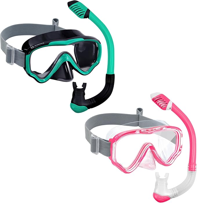 Vvinca Snorkeling Gear for Kids Dry Top Kids Snorkel Set for Boys Girls Junior Youth Children Age 4-14 Swim Goggles with Nose Cover Anti-Fog Panoramic View Adjustable Elastic Diving Mask and Snorkel