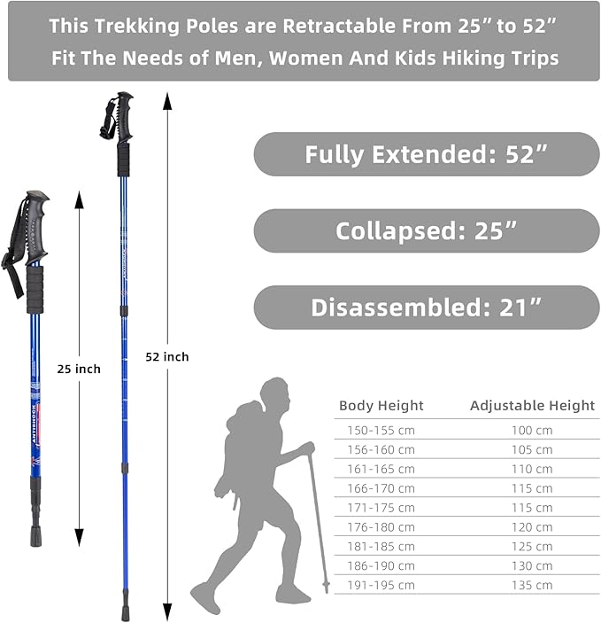 Aihoye Hiking Trekking Poles, 2 Pack Collapsible, Lightweight, Anti Shock, Walking Sticks, Adjustable Hiking Pole for Men and Women