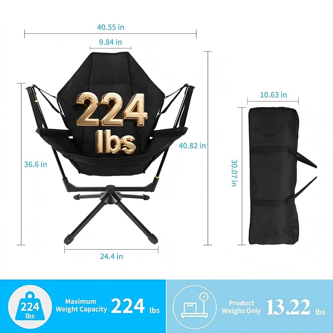 FAHKNS Hammock Camping Chair, 360° Swivel Chair with Adjustable Backrest, Foldable and Lightweight Chair Used for Office Work, Picnic, Hiking, Portable Bag,