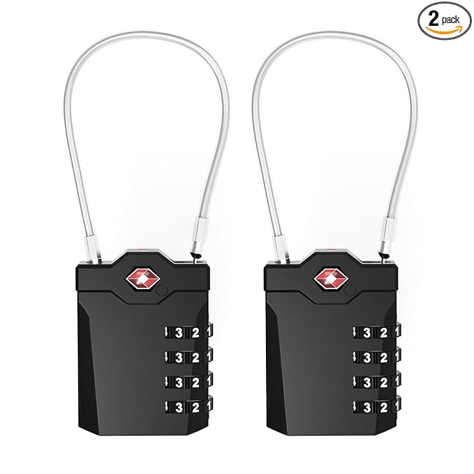 XOOL 2PCS TSA Approved Luggage Locks 4 Digit with Flexible Steel Cable, Resettable Luggage Padlock for Suitcases, Backpacks, Gym Bags & Travel Use