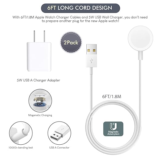 For Apple Watch Charger, 2 Pack Extra Long 6.6FT Fast iWatch Charger Portable Charging Cable Cords with USB A Wall Charger Block Plug Compatible with Apple Watch Series 10/9/Ultra 2/8/7/6/5/4/3/2/SE/1