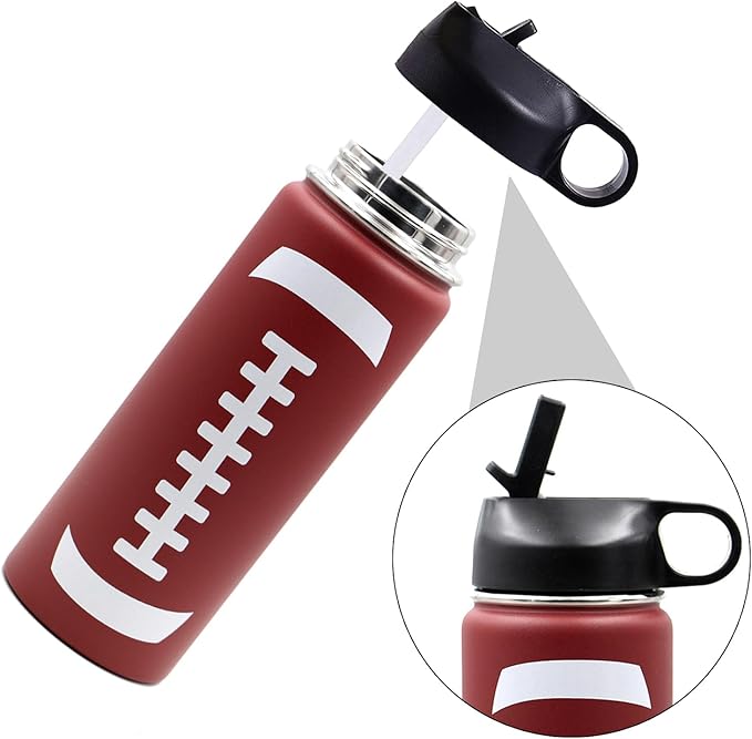 18 oz Football Water Bottle, Sports Cup Flask Metal Travel Mug with 2 Lids, Stainless Steel Double Wall Vacuum Insulated Leak Proof Water Bottles, Football Accessories Stuff Gifts for Boys Girls Fans