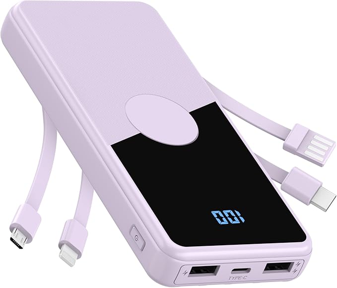 Portable Charger with Built in Cables,High Speed Power Bank 10000mAh Travel Battery Pack 5 Outputs 3 Inputs Portable Phone Charger Backup Battery for iPhone, Samsung, iPad,Tablets (Purple)