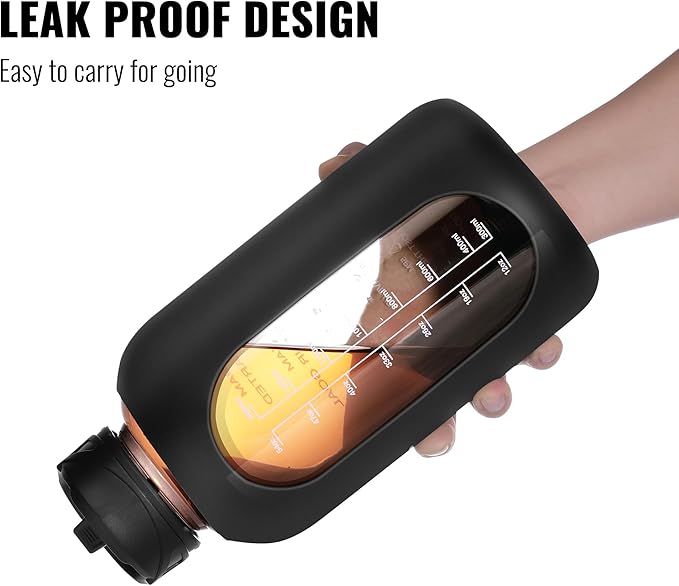 CIVAGO 64 oz Glass Water Bottle Jug with Straw and Handle, Half Gallon Sports Motivational Bottle with Time Marker and 2 Lids, Flask Canteen with Silicone Sleeve for Gym, Sage