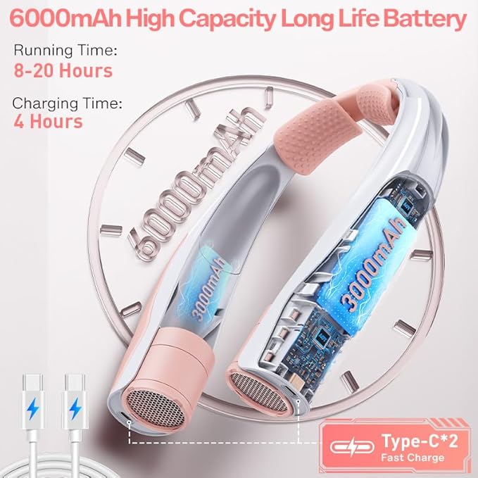Portable Neck Fan for Girl: No Hair Twisting, Lightweight Personal Fan with 6000mAh Battery Air Volume, 6 Speeds - Rechargeable Wearable Air Conditioner for Girlfriend, Sister (Pink)