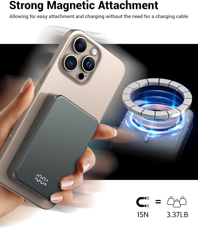 Magnetic Power Bank 26800mAh for Magsafe Portable Charger, Aluminum Alloy Large Capacity 20W USB-C in&Out Wireless Fast Charging Battery Pack for iPhone 17/16 Pro Max/15/14/13/12 Series, Silvery Gray