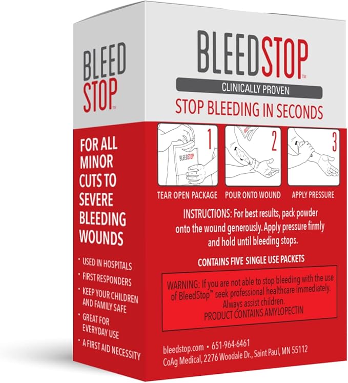 BleedStop™ First Aid Powder for Blood Clotting, Trauma Kit, Blood Thinner Patients, Camping Safety, and Survival Equipment for Moderate to Severe Bleeding Wounds or Nosebleeds 5 Pack 15g