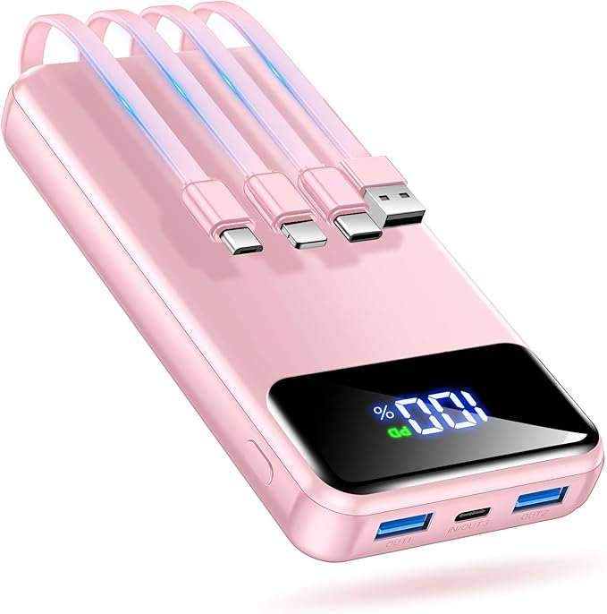 Portable Charger Power Bank 50000mAh Battery Pack, 22.5W Fast Charging PowerBank with Built in Cables,Travel Essential USB-C Portable Phone Charger for iPhone Samsung Pixel Android iPad-Pink