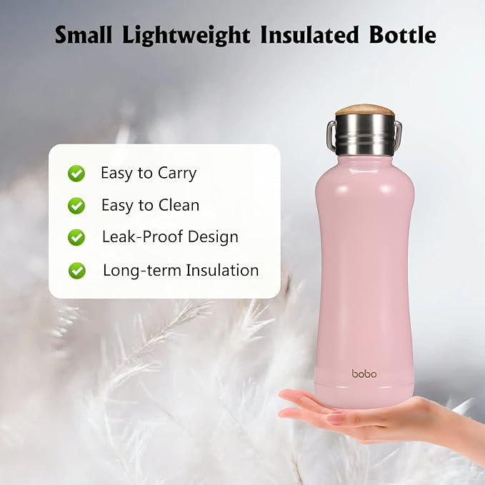 YOHKOH Mini Insulated Water Bottle With Bamboo Lid - 11.8oz Small Vacuum Insulated Water Bottle for Women Kids, 12 Hrs Hot & 24 Hrs Cold Stainless Steel Thermos Leak-Proof BPA-Free (11.8oz,Pink)