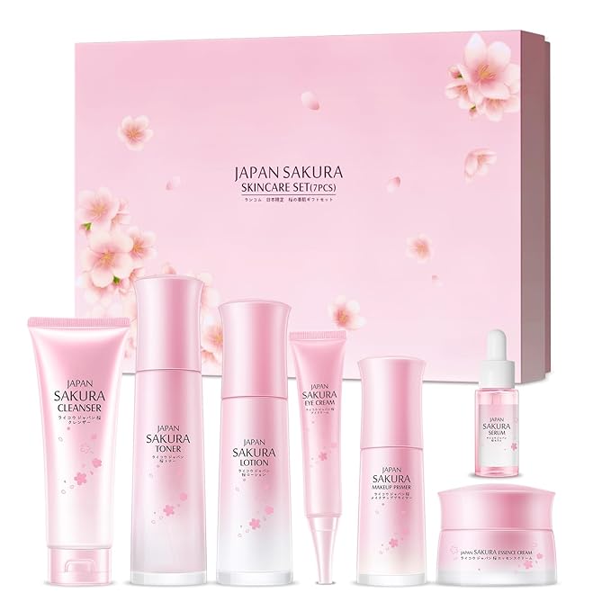 LAIKOU JAPAN SAKURA Skin Care, Skin Care Set with Cleanser, Toner, Lotion, Eye Cream, Makeup Primer, Essence Cream and Serum for Women Mother's Day Valentine's Day Christmas Birthday Beginner Kit 7pcs