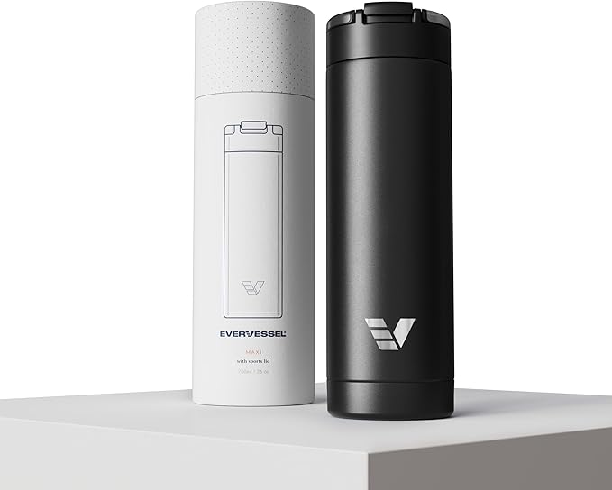 Maxi Stainless Steel Water Bottle 26oz - Double wall vacuum insulated | Integrated carry handle | leak proof flip top lid | Lightweight & stylish - Black