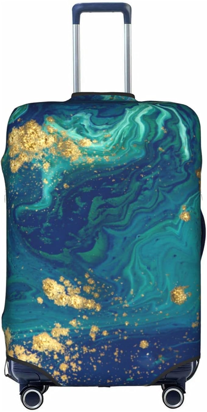Travel Luggage Cover Suitcase Protector, Gold Blue Abstract Marble Washable Elastic Suitcase Baggage Cover Anti-scratch Double-sided with Zipper Closure for Wheeled Suitcase Fits 25-28 Inch Luggage
