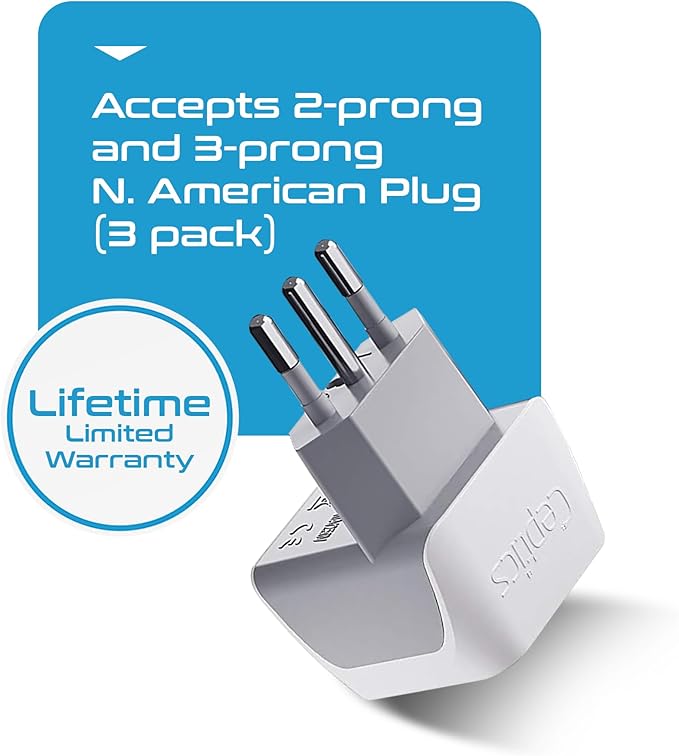 Ceptics Italy Travel Plug Adapter, Chile Plug Adapter with Dual USA Input, Compact Type L Plug Adapter, Safe Grounded Plug, Perfect for Cell Phones, Laptops, Chargers, 3 Pack - CT-12A