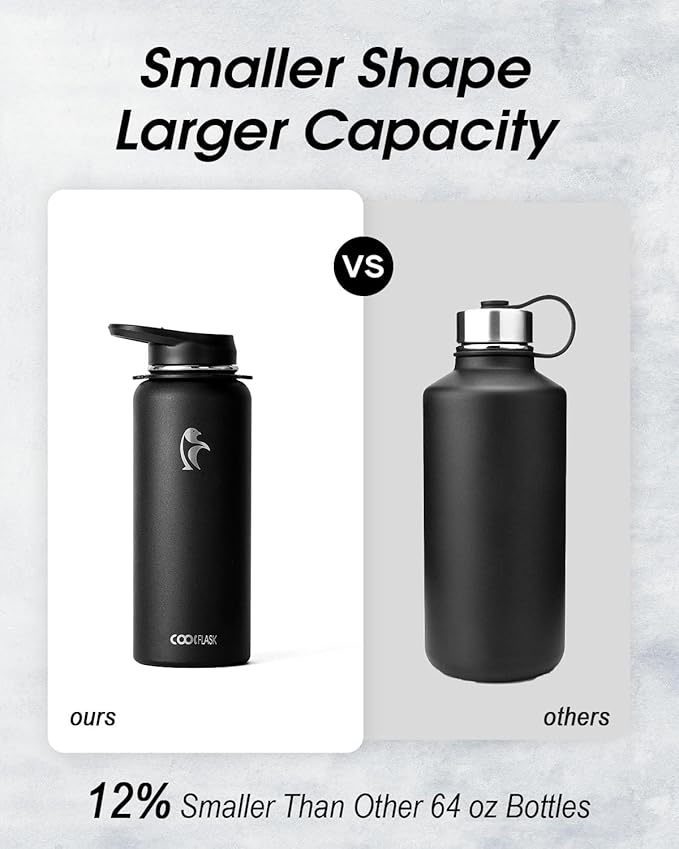 Coolflask 40 oz Water Bottle with Strap, Insulated Metal Water Flask with Straw & Spout Lids, Stainless Steel Double Wall Vacuum, Keep Cold 48h Hot 24h, Leak Proof & Non-BPA, Magic Black
