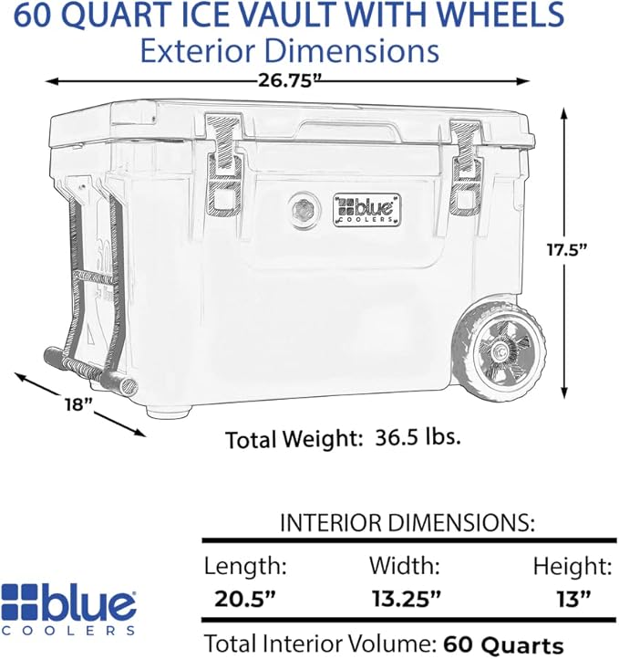 Blue Coolers Ice Vault – 60 Quart Roto-Molded Ice Cooler (Large Ice Chest Holds Ice up to 10 Days)