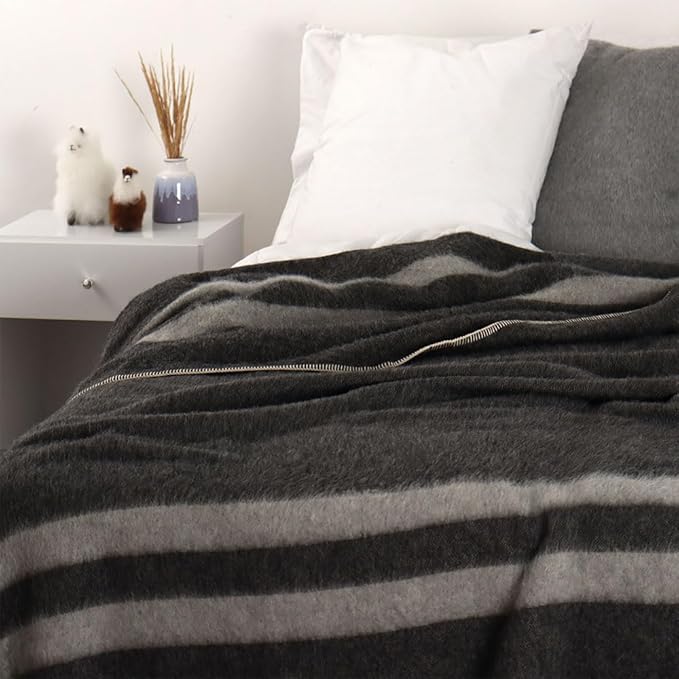 Thick Alpaca Wool Blanket Heavyweight for Camping Outdoors or Using Indoors | Soft Peruvian Alpaca Wool Blankets (Dark Gray -Soft Gray Stripes, Queen)