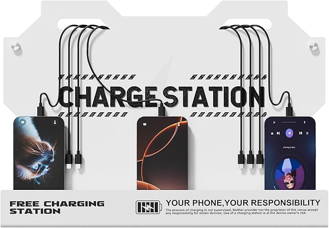 Mechanical Type Wall Mounted Charging Station with 8 PortHigh Speed Cables - Universal Dock for Apple, Type-C & Android Devices, Perfect for Airports, Hotels, Offices, School (White)