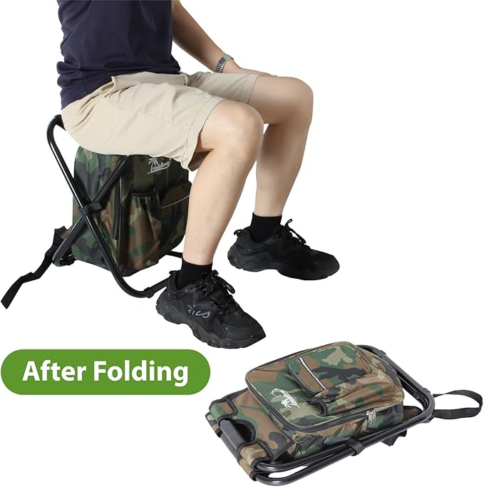 LEADALLWAY Backpack Fishing Chair with Cooler Bag Foldable Stool,Fishing Hunting Gifts for Men,Outdoor,Camping,Paints,BBQ,Beach,Picnic,Hiking,Concert, Camouflage