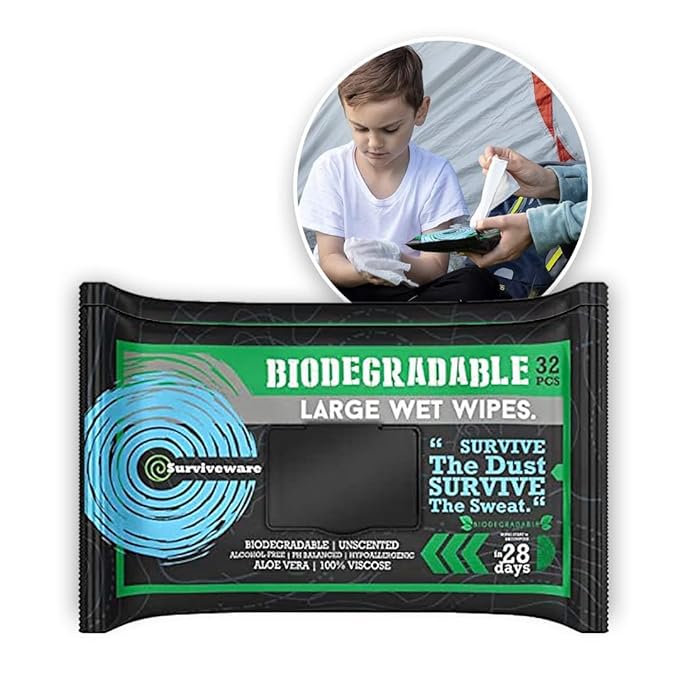 Surviveware Biodegradable Wipes Men or Women - Shower Wet Wipes Face, Body & Butt - Outdoors, Travel, Camping & Post Workout - Total of 32 Wipes - 32 Count, Pack of 1