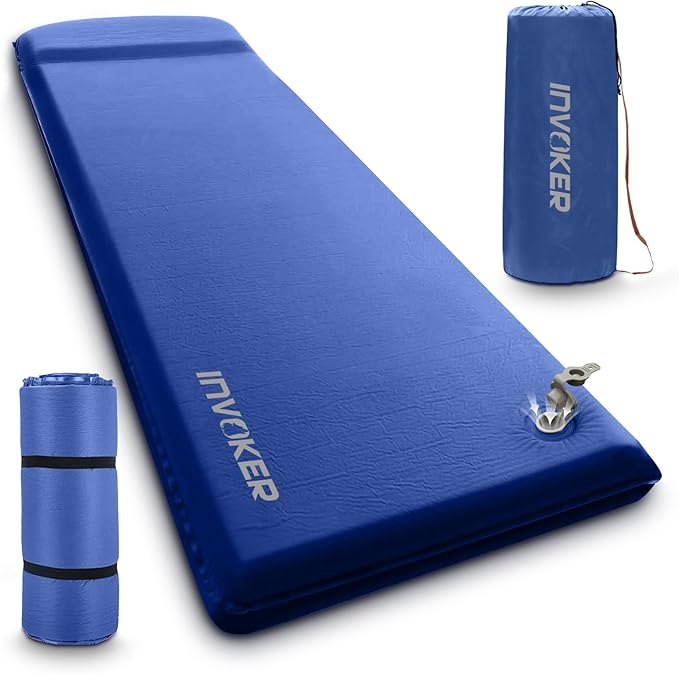 INVOKER 3.15" Camping Sleeping pad, Ultra-Thick Elasticity Foam Fast Self-Inflating 4-Season Insulated Durable Camping Mat Air Mattress with Pillow, for Tent, Car, Camping, Traveling, Blue