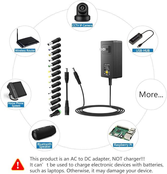 SHNITPWR 48W Universal Power Supply 9V 12V 15V 17V 19V 20V 24V Adjustable Variable AC/DC Adapter with 5.5x2.5mm Tip 100V-240V AC to DC Converter 9V~24V 0.8A 0.5A 1A 1.2A 1.5A 1.8A 2A Max with 14 Tips