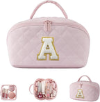 LOVEVOOK Travel Makeup Bag for Women, 2Pcs Puffer Waterproof Cosmetic Organizer, Large Capacity Pouch Open Flat Small Toiletry Bag with Brush Compartment & Handle (Pink-A, Medium)