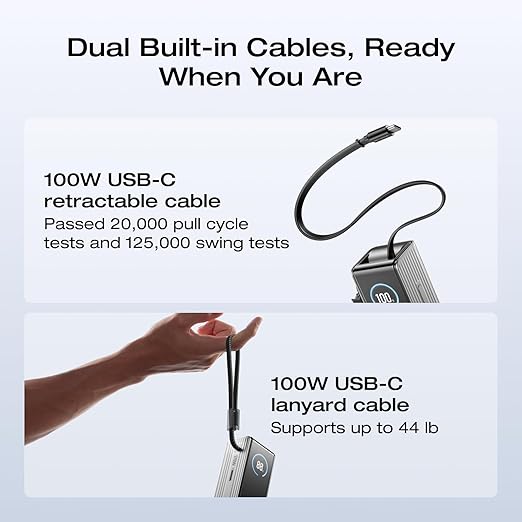 EF ECOFLOW Rapid Power Bank, 25,000mAh, 170W, 100W Built-in and Retractable Cables, Portable Charger with Triple 100W USB-C Port, Compatible with iPhone Series, Samsung, Laptop and More, Silver