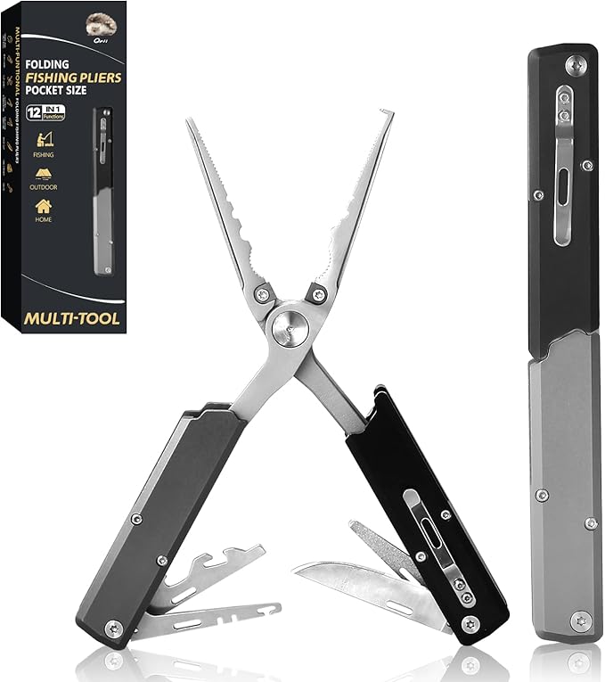 12-in-1 Multitool Fishing Pliers, Fishing Gear with Hook Remover, Pocket Knife, Fish Lip Gripper, Upgraded Scissors and Screwdriver, Survival and Camping Gear, Stainless Steel