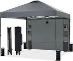 10'x10' Pop Up Canopy Tent with 1 Sidewall and 6 Pockets, One Push Setup, Instant Shade Tent with Vented Roof for Beach Patio Outdoor, Case, 8 Stakes, 4 Ropes, 4 Sandbags (Gray, 10x10)