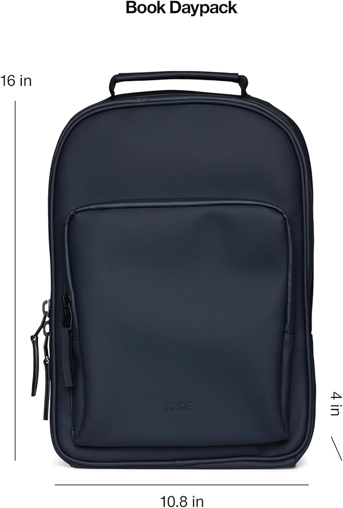 RAINS Book Daypack - Navy Laptop Backpack for Men and Women, Waterproof Black Minimalist Commuter Bag with 15” Laptop Room, Front Zip Pocket - 2 Year Warranty