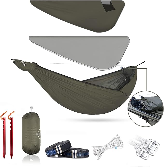 Onewind Airstream Camping Hammock with Mosquito Net and Windsock, Portable Hammock with Tree Straps and Bugnet for Winter Camping, Hiking, Backpacking, OD Green