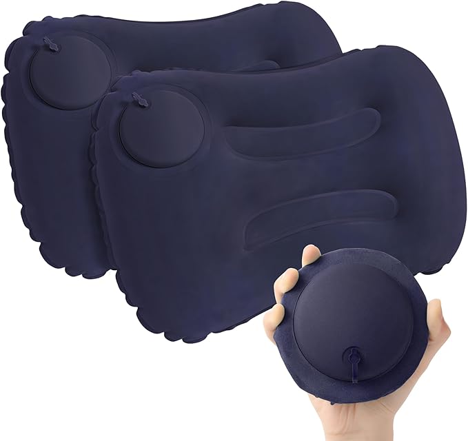 2-Pack Inflatable Camping Pillow, Portable Travel Pillow for Sleeping, Lightweight Compact Inflatable Pillows for Beach, Hiking, Backpacking, Airplane Travel, Press-to-Inflate (Navy Blue)