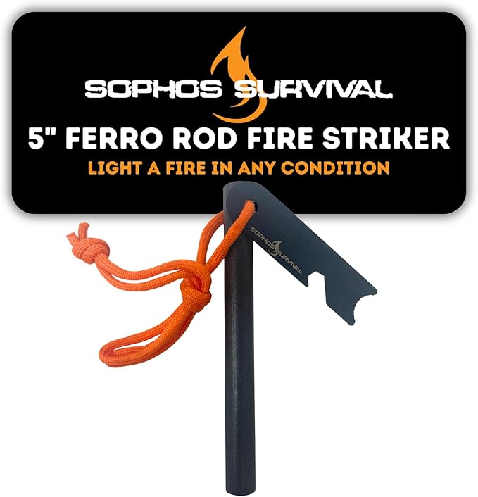 Ferro Rod Fire Starter Drilled Flint and Steel Survival Tool Kit with High Visibility Paracord Lanyard and Weatherproof Striker
