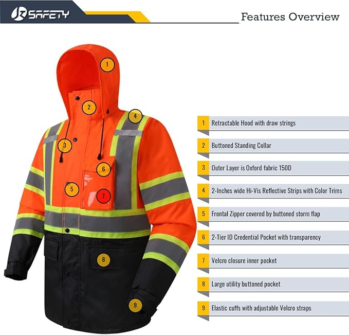 JKSafety Hi-Vis Reflective Safety Rain Jacket for Men Women Waterproof Rain Gears for Farming Fishing Work HV Rain Jacket with Inner Mesh Lining and Pockets (117A-OBlk XL)